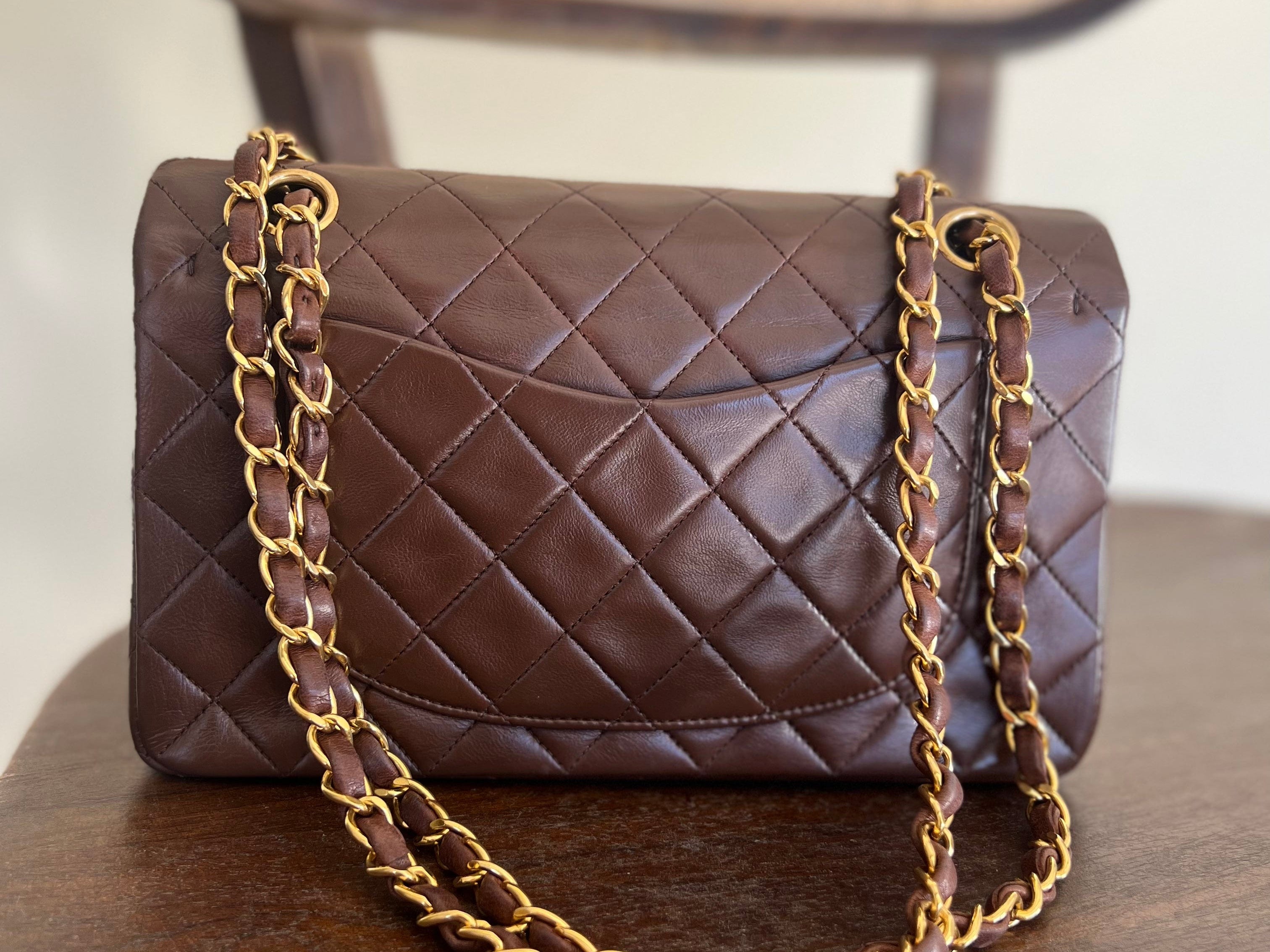 CHANEL Handbag Vintage Brown Lambskin Quilted Classic Flap Small Gold Hardware - Redeluxe