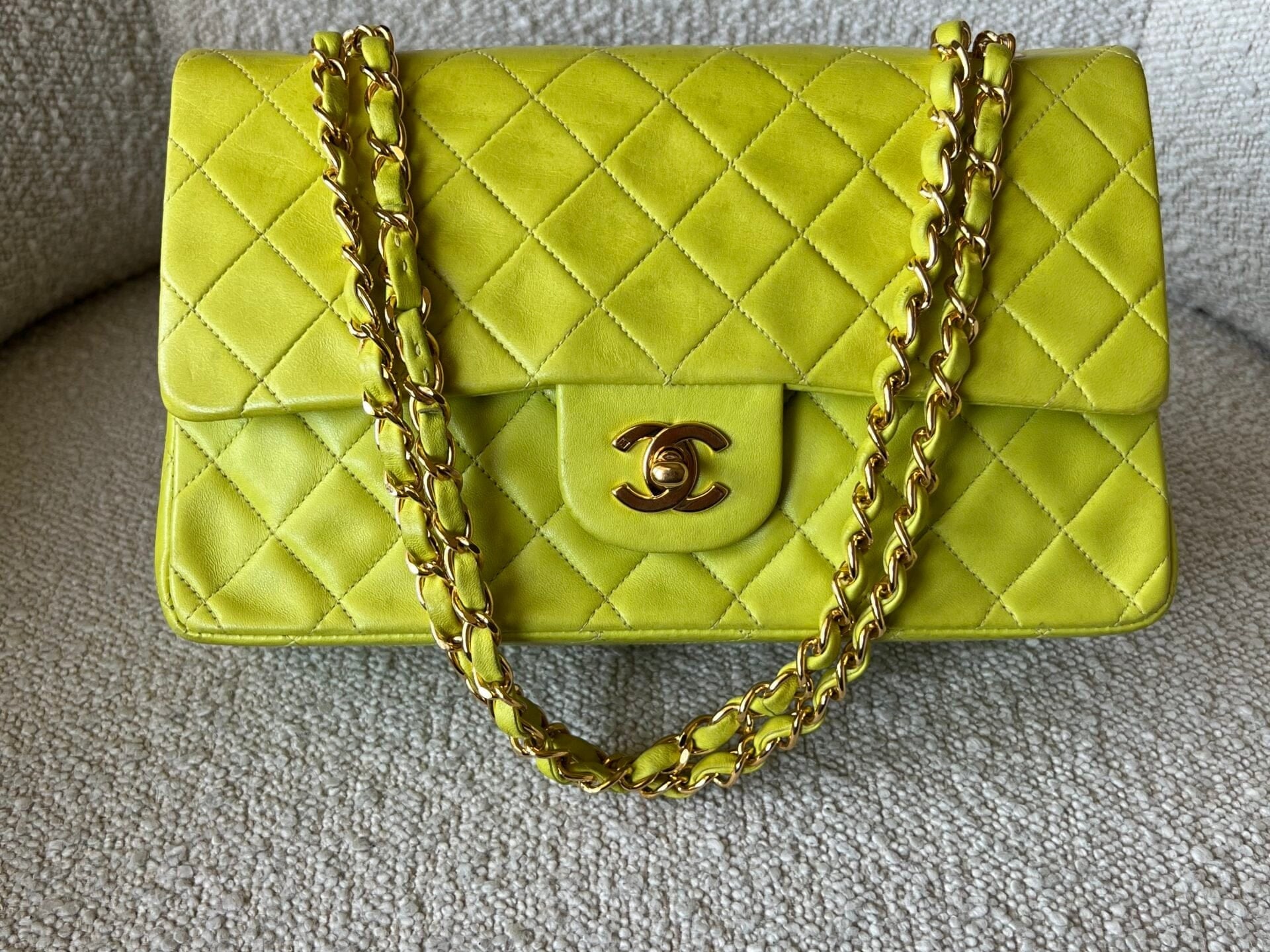CHANEL Handbag Vintage Neon Green Lambskin Quilted Classic Double Flap Medium Gold Hardware - Redeluxe