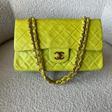 CHANEL Handbag Vintage Neon Green Lambskin Quilted Classic Double Flap Medium Gold Hardware - Redeluxe