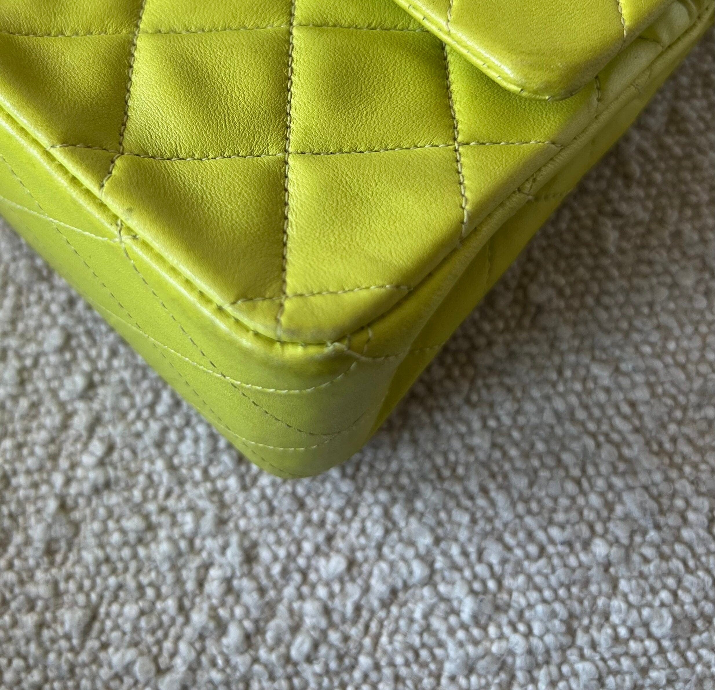 CHANEL Handbag Vintage Neon Green Lambskin Quilted Classic Double Flap Medium Gold Hardware - Redeluxe
