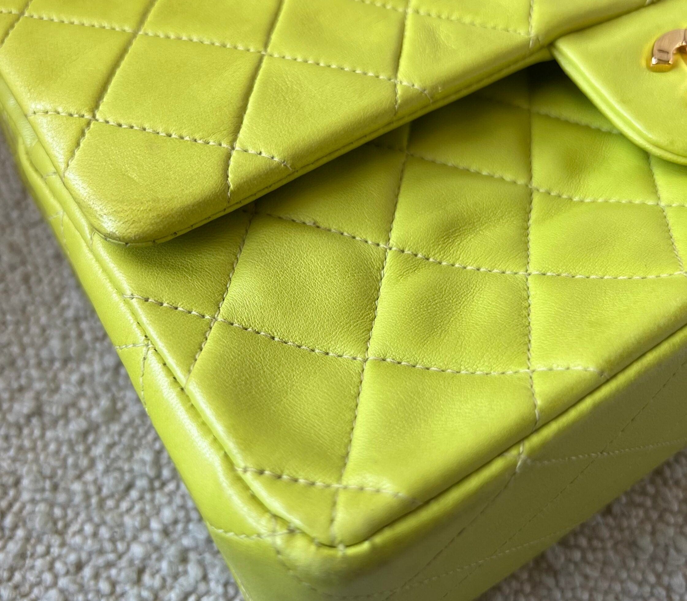 CHANEL Handbag Vintage Neon Green Lambskin Quilted Classic Double Flap Medium Gold Hardware - Redeluxe