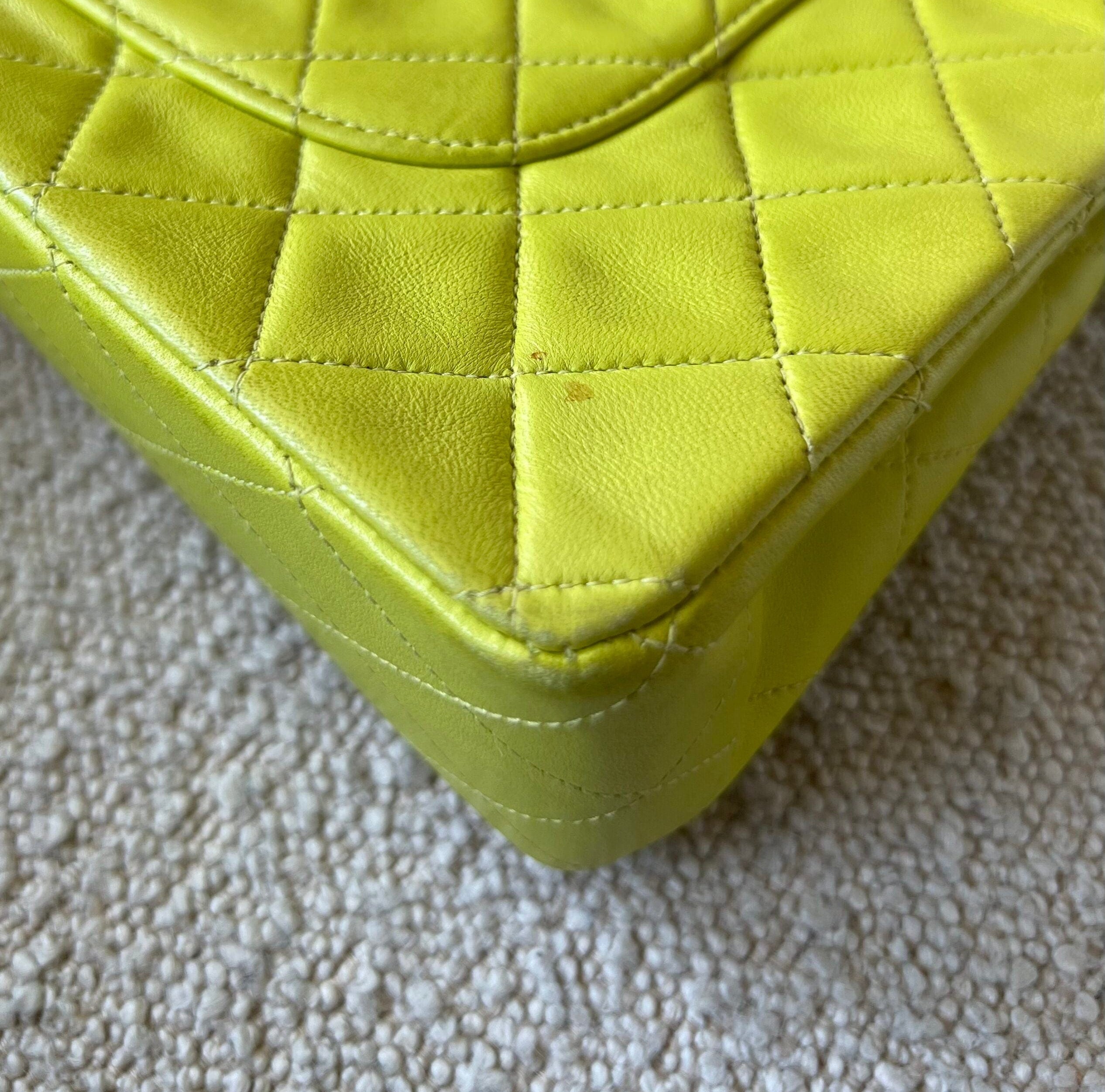 CHANEL Handbag Vintage Neon Green Lambskin Quilted Classic Double Flap Medium Gold Hardware - Redeluxe