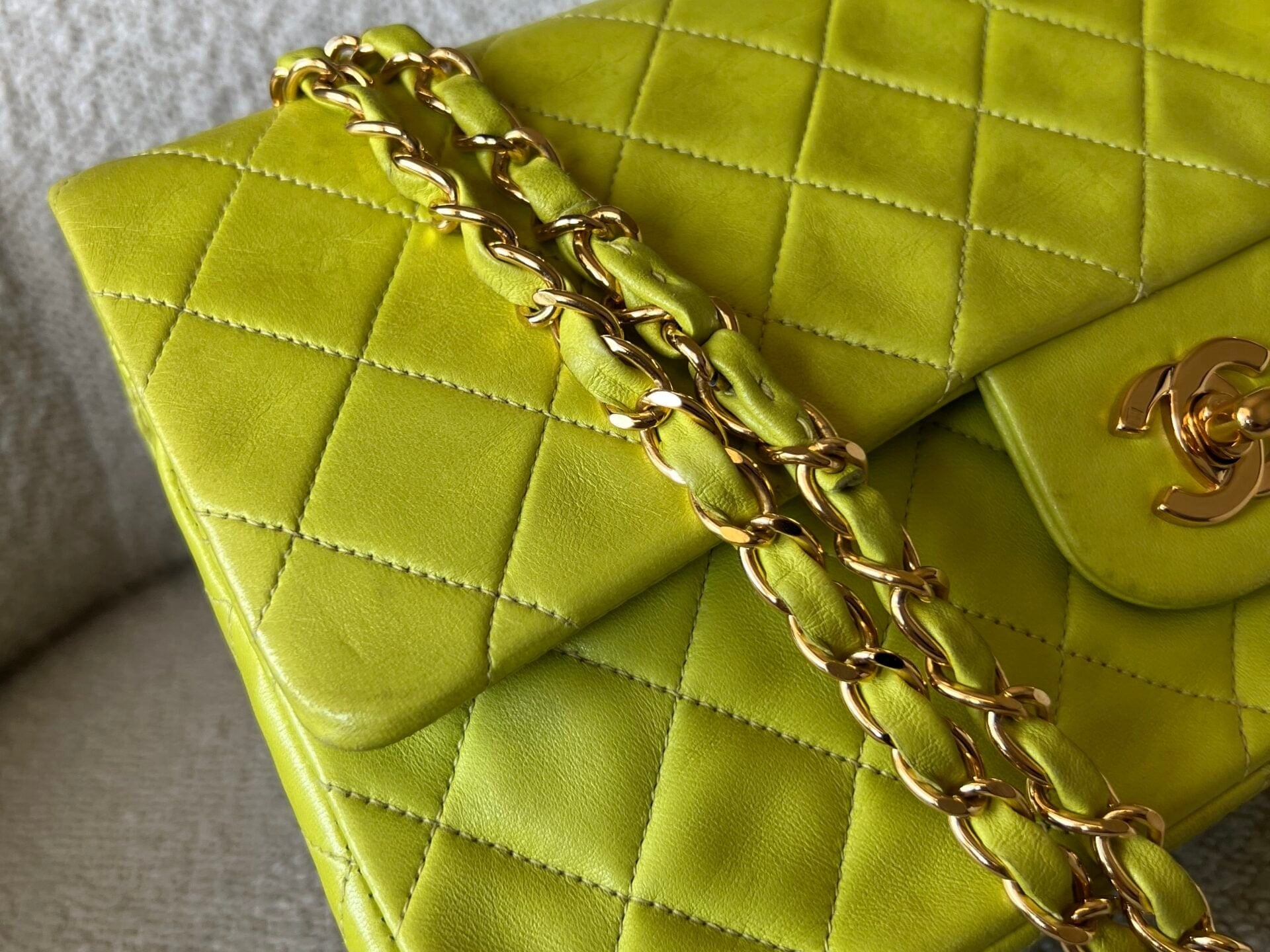 CHANEL Handbag Vintage Neon Green Lambskin Quilted Classic Double Flap Medium Gold Hardware - Redeluxe