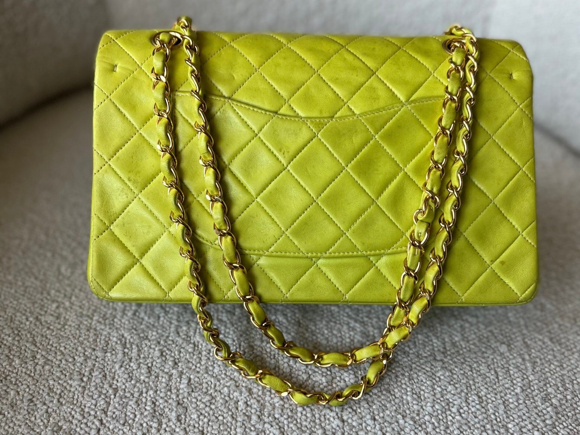 CHANEL Handbag Vintage Neon Green Lambskin Quilted Classic Double Flap Medium Gold Hardware - Redeluxe