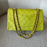 CHANEL Handbag Vintage Neon Green Lambskin Quilted Classic Double Flap Medium Gold Hardware - Redeluxe