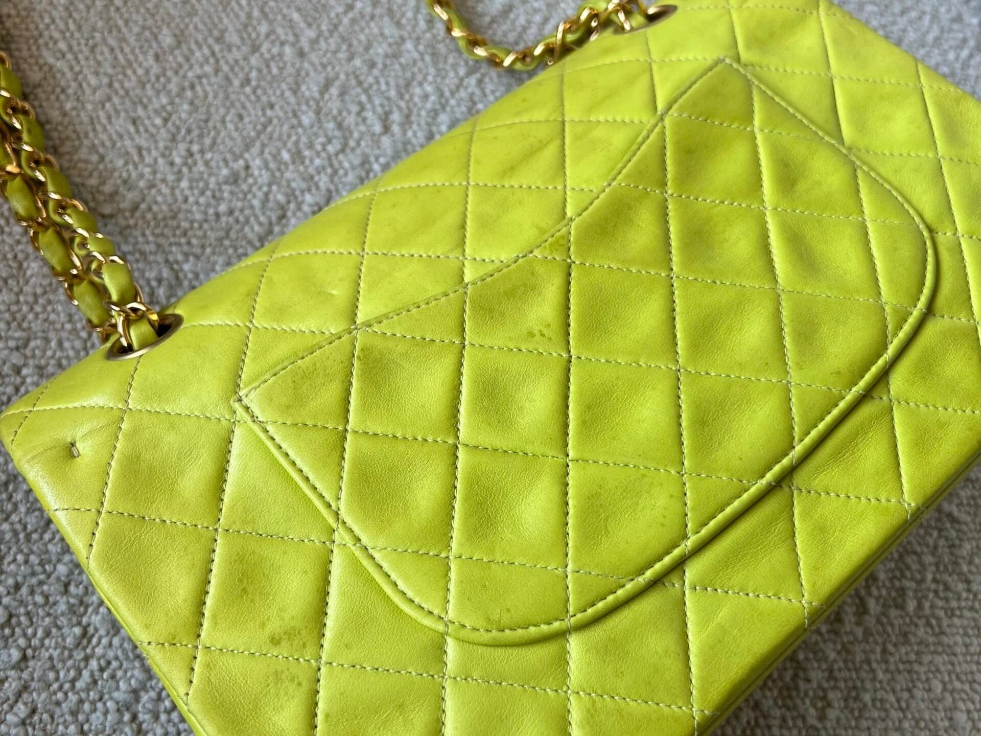 CHANEL Handbag Vintage Neon Green Lambskin Quilted Classic Double Flap Medium Gold Hardware - Redeluxe