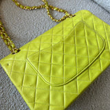 CHANEL Handbag Vintage Neon Green Lambskin Quilted Classic Double Flap Medium Gold Hardware - Redeluxe