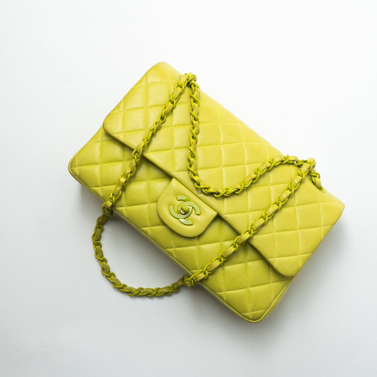 CHANEL Handbag Vintage Neon Green Lambskin Quilted Classic Flap Medium - Redeluxe