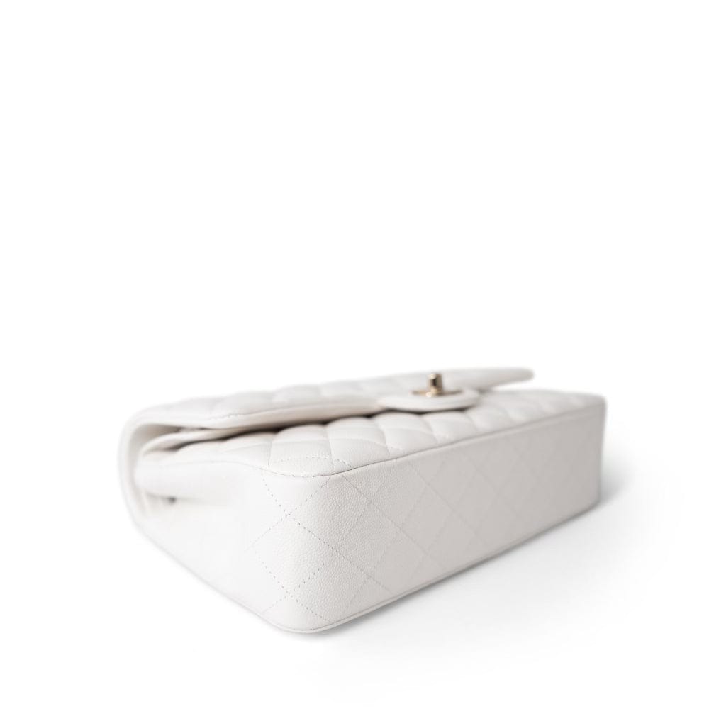 CHANEL Handbag White 20S White Caviar Quilted Classic Flap Medium Light Gold Hardware - Redeluxe