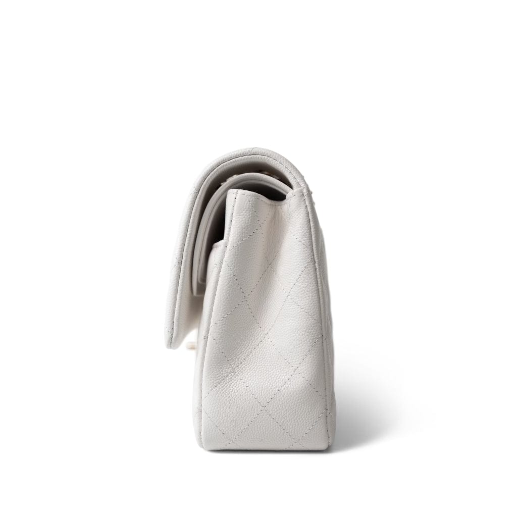 CHANEL Handbag White 20S White Caviar Quilted Classic Flap Medium Light Gold Hardware - Redeluxe