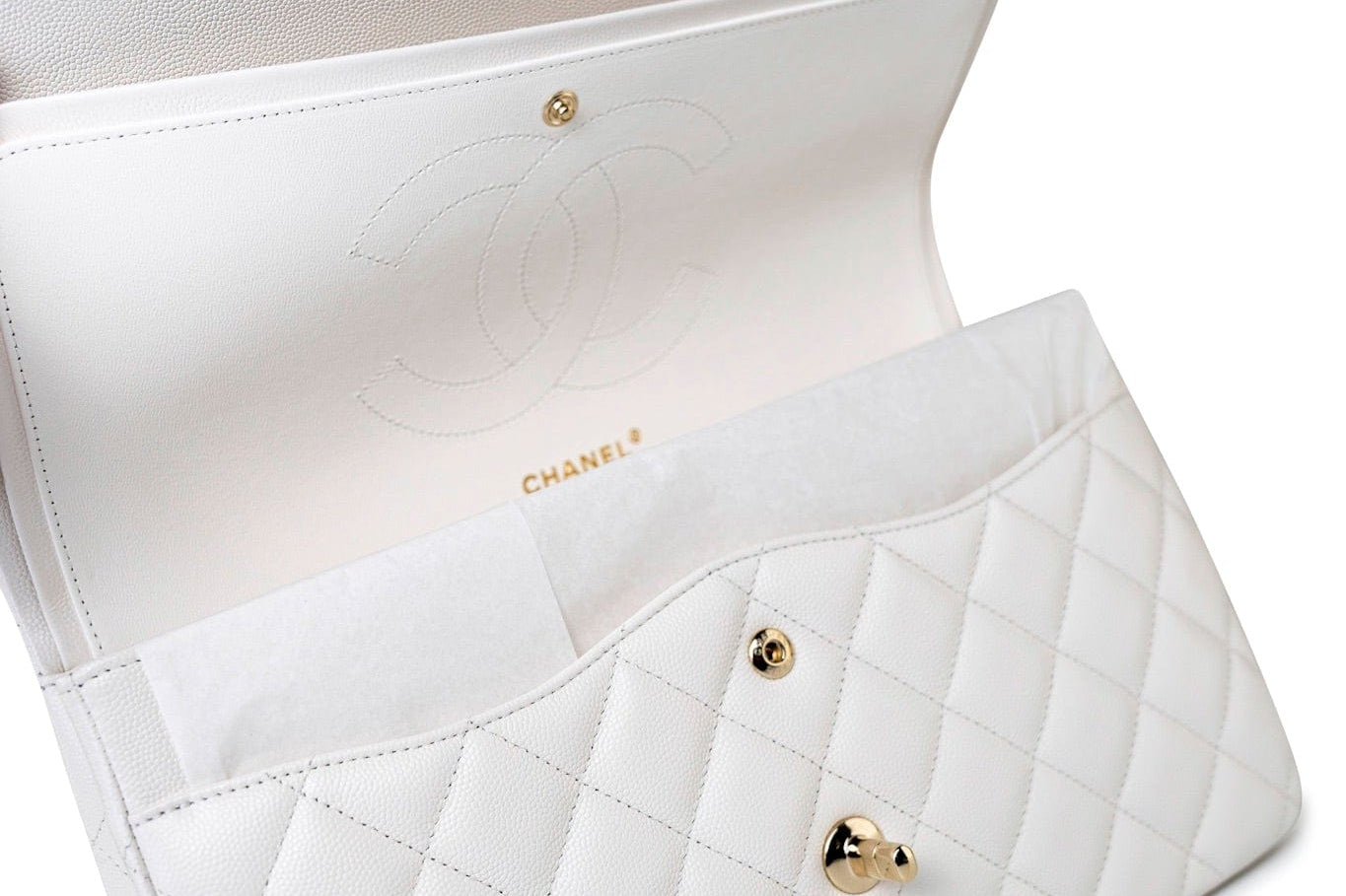 CHANEL Handbag White 21S Jumbo White Caviar Quilted Classic Flap Light Gold Hardware - Redeluxe