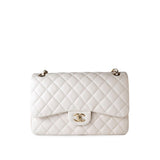 CHANEL Handbag White 21S Jumbo White Caviar Quilted Classic Flap Light Gold Hardware - Redeluxe