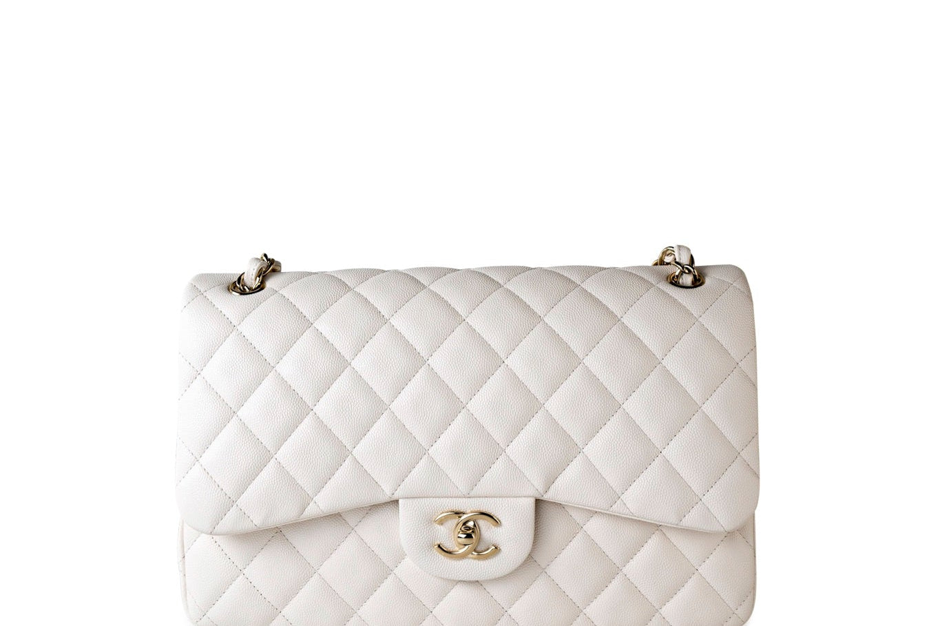 CHANEL Handbag White 21S Jumbo White Caviar Quilted Classic Flap Light Gold Hardware - Redeluxe