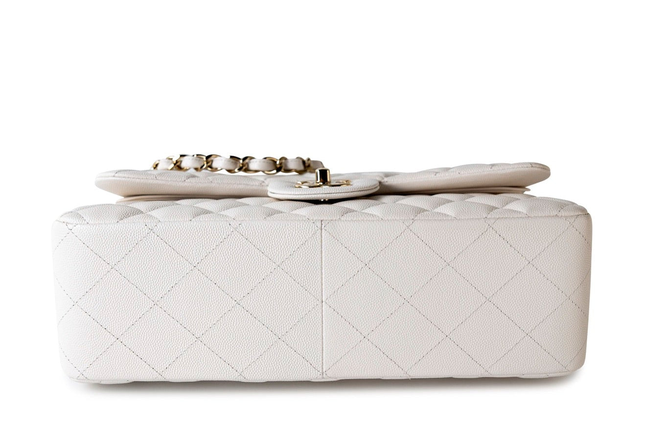 CHANEL Handbag White 21S Jumbo White Caviar Quilted Classic Flap Light Gold Hardware - Redeluxe