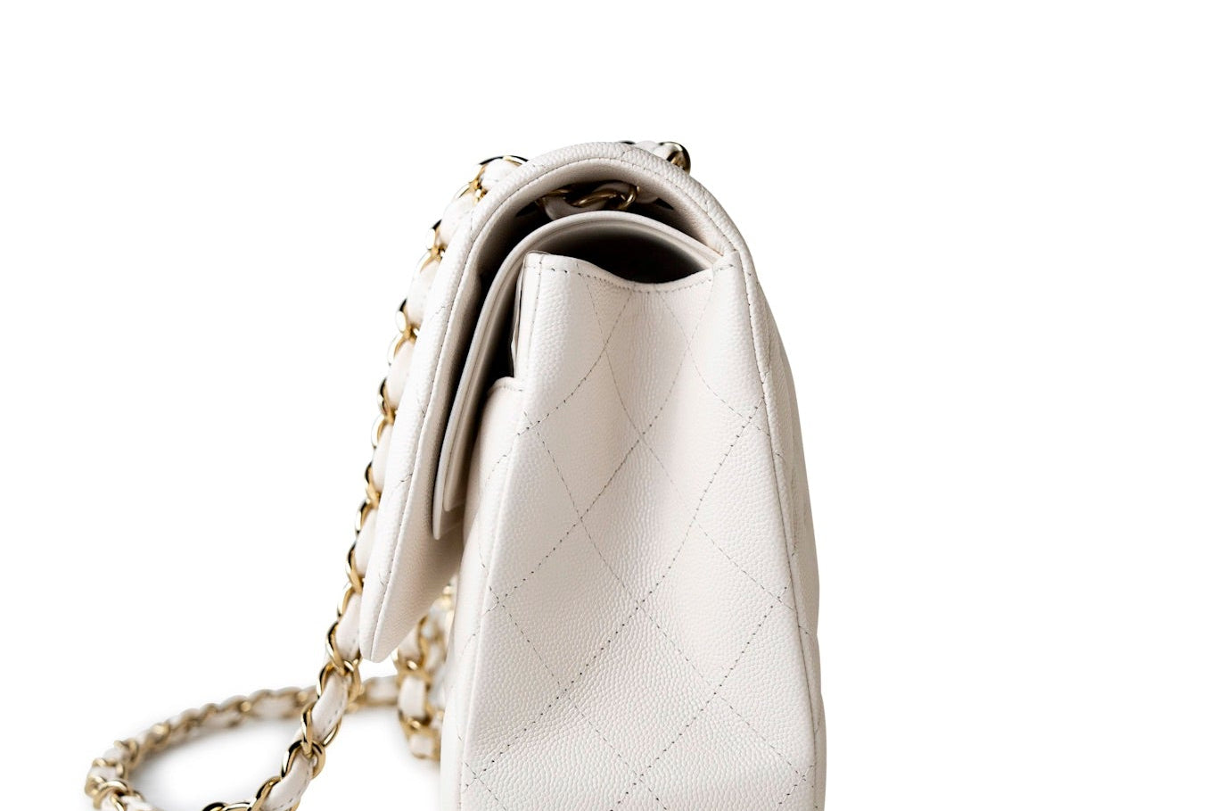 CHANEL Handbag White 21S Jumbo White Caviar Quilted Classic Flap Light Gold Hardware - Redeluxe