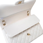 CHANEL Handbag White 21S Jumbo White Caviar Quilted Classic Flap Light Gold Hardware - Redeluxe