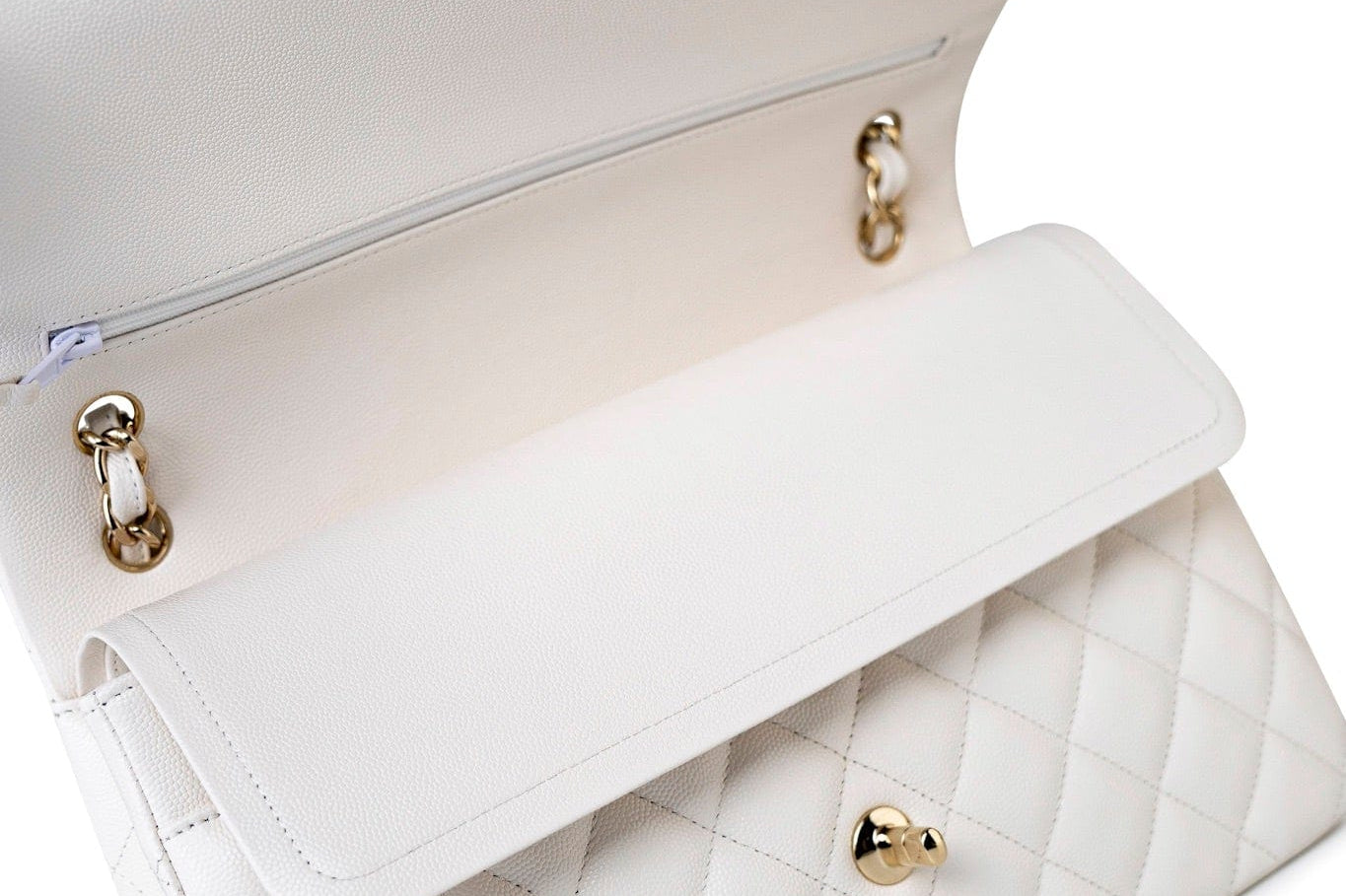 CHANEL Handbag White 21S Jumbo White Caviar Quilted Classic Flap Light Gold Hardware - Redeluxe