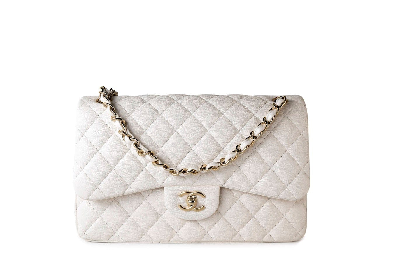 CHANEL Handbag White 21S Jumbo White Caviar Quilted Classic Flap Light Gold Hardware - Redeluxe