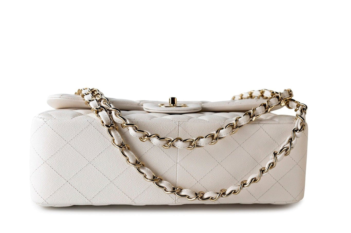 CHANEL Handbag White 21S Jumbo White Caviar Quilted Classic Flap Light Gold Hardware - Redeluxe