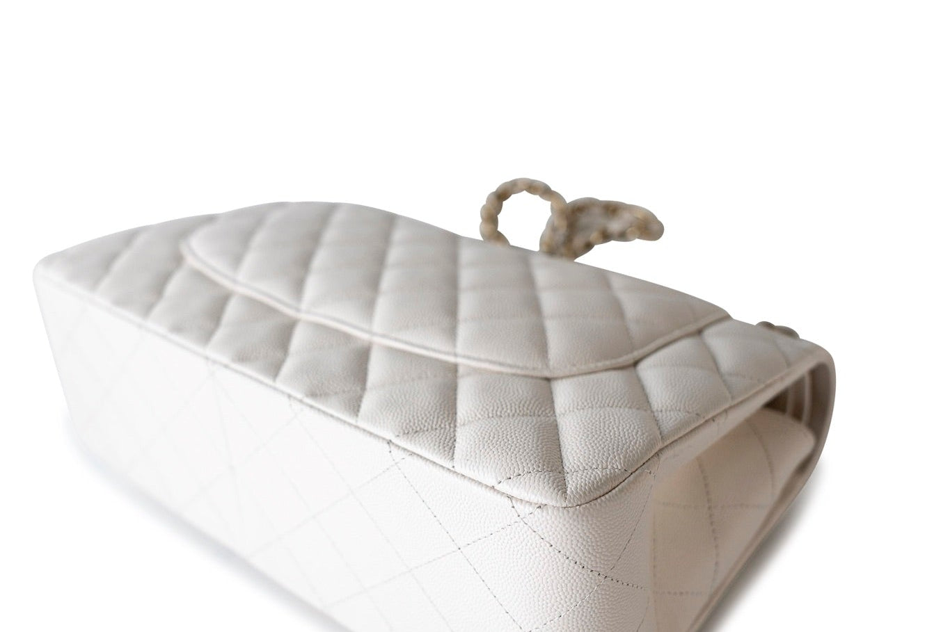 CHANEL Handbag White 21S Jumbo White Caviar Quilted Classic Flap Light Gold Hardware - Redeluxe