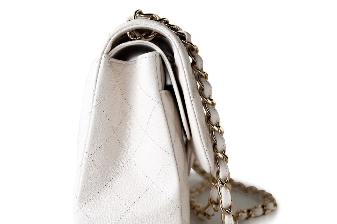 CHANEL Handbag White 21S Jumbo White Caviar Quilted Classic Flap Light Gold Hardware - Redeluxe