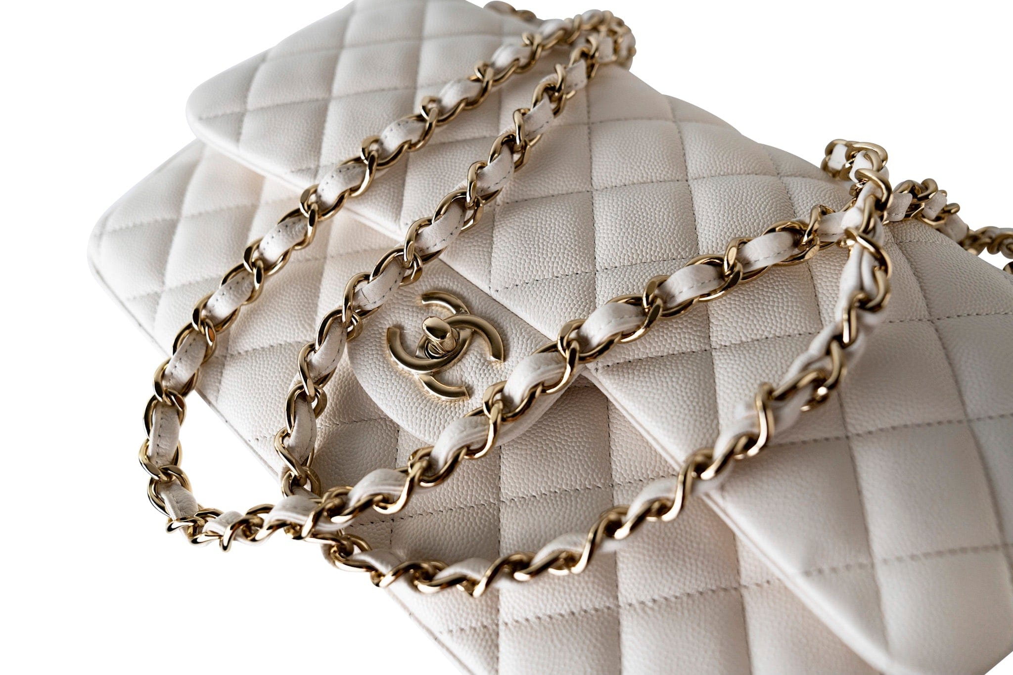 CHANEL Handbag White 21S Jumbo White Caviar Quilted Classic Flap Light Gold Hardware - Redeluxe