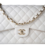 CHANEL Handbag White 21S Jumbo White Caviar Quilted Classic Flap Light Gold Hardware - Redeluxe