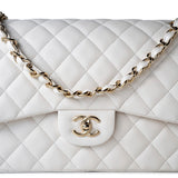 CHANEL Handbag White 21S Jumbo White Caviar Quilted Classic Flap Light Gold Hardware - Redeluxe