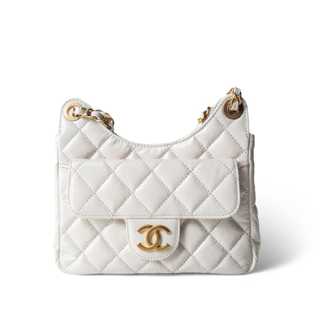 CHANEL Handbag White White Shiny Crumpled Calfskin Hobo Bag Small Aged Gold Hardware - Redeluxe