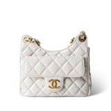 CHANEL Handbag White White Shiny Crumpled Calfskin Hobo Bag Small Aged Gold Hardware - Redeluxe