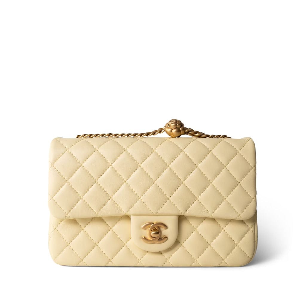 CHANEL Handbag Yellow 23S Light Yellow Lambskin Quilted Sweet Camelia Medium Single Flap Aged Gold Hardware - Redeluxe