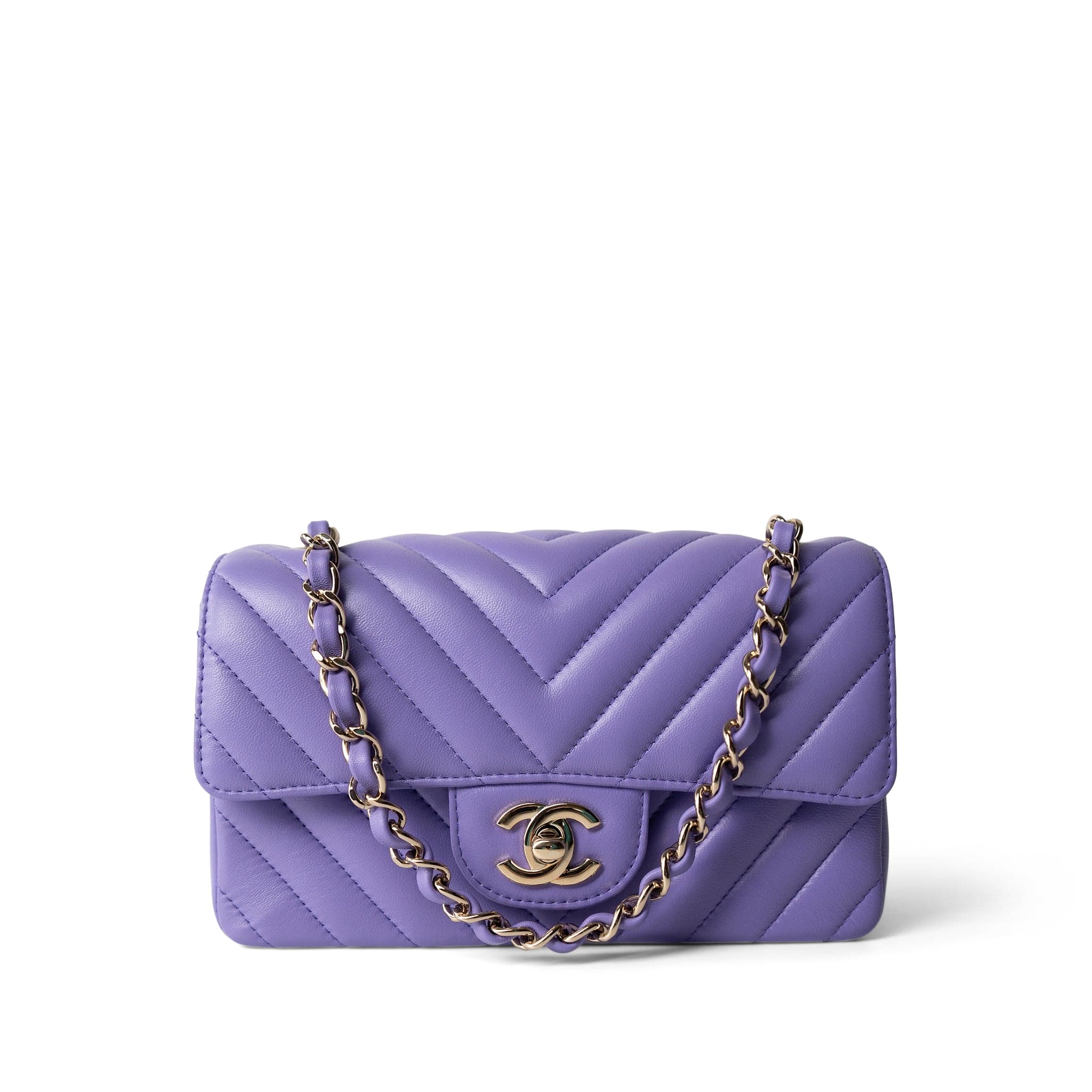 CHANEL Purple 20S Light Purple Lambskin Chevron Mini Rectangular Flap Light Gold Hardware - Redeluxe