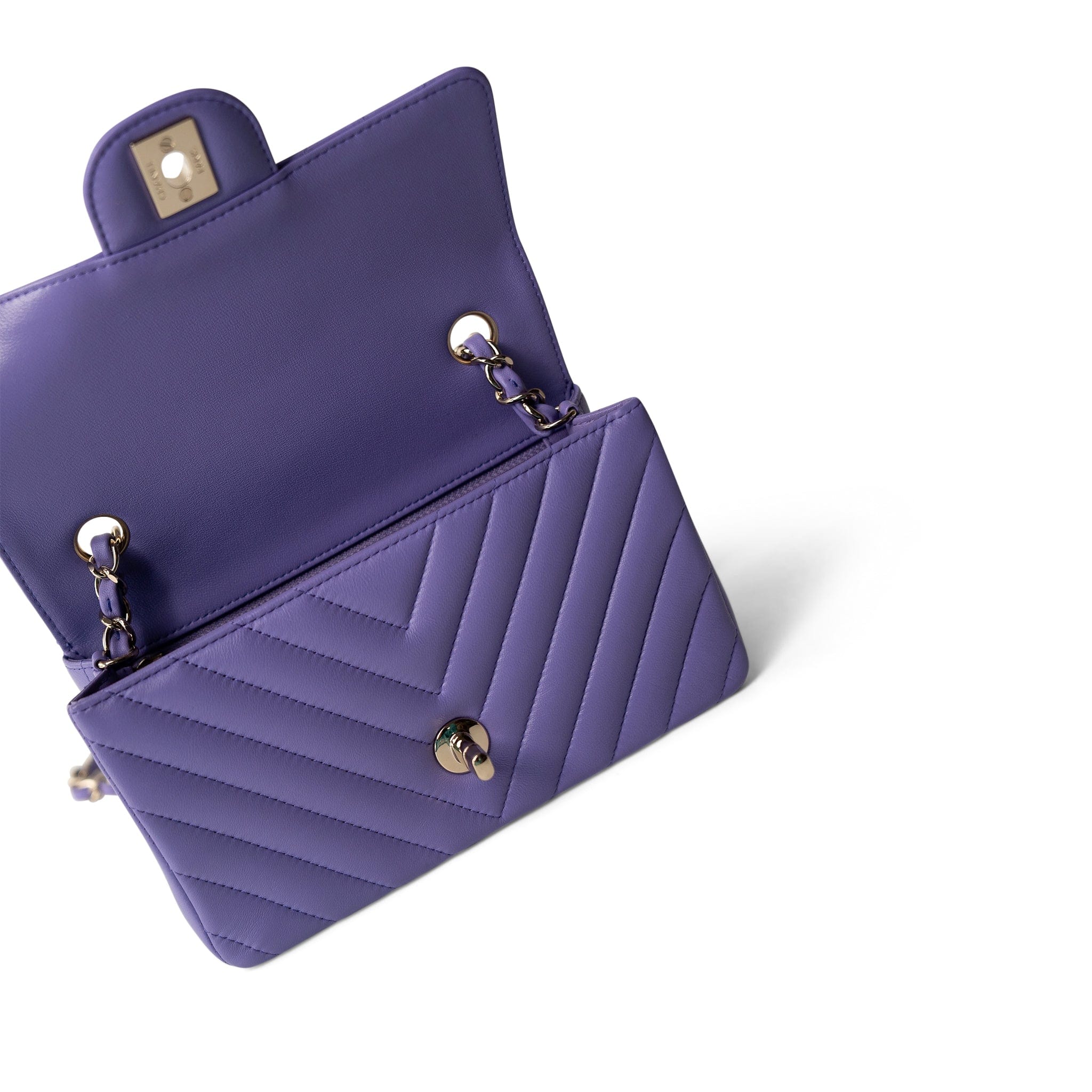 CHANEL Purple 20S Light Purple Lambskin Chevron Mini Rectangular Flap Light Gold Hardware - Redeluxe