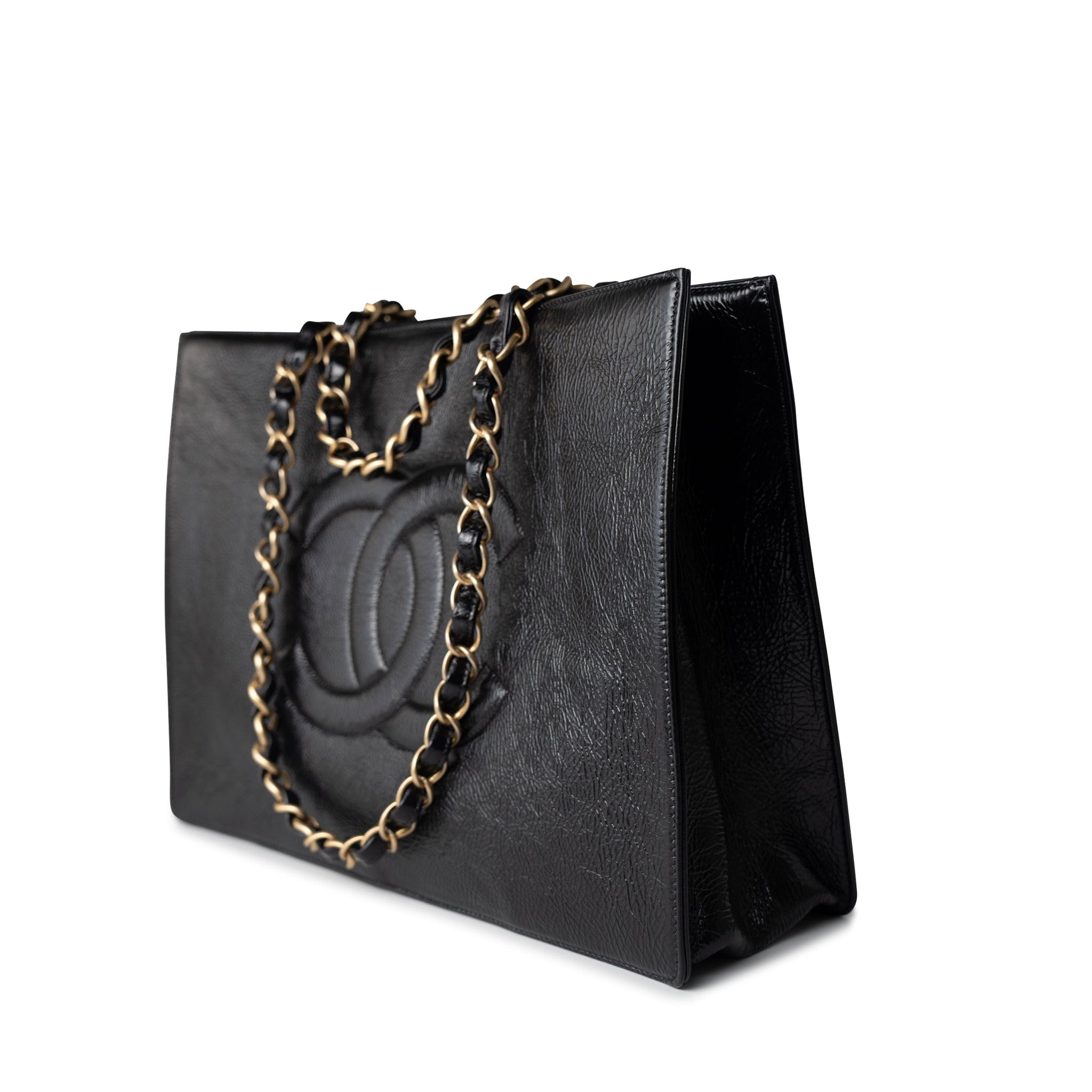 CHANEL Tote 20A Large Black Leather Shopping Tote Antique Gold Hardware - Redeluxe