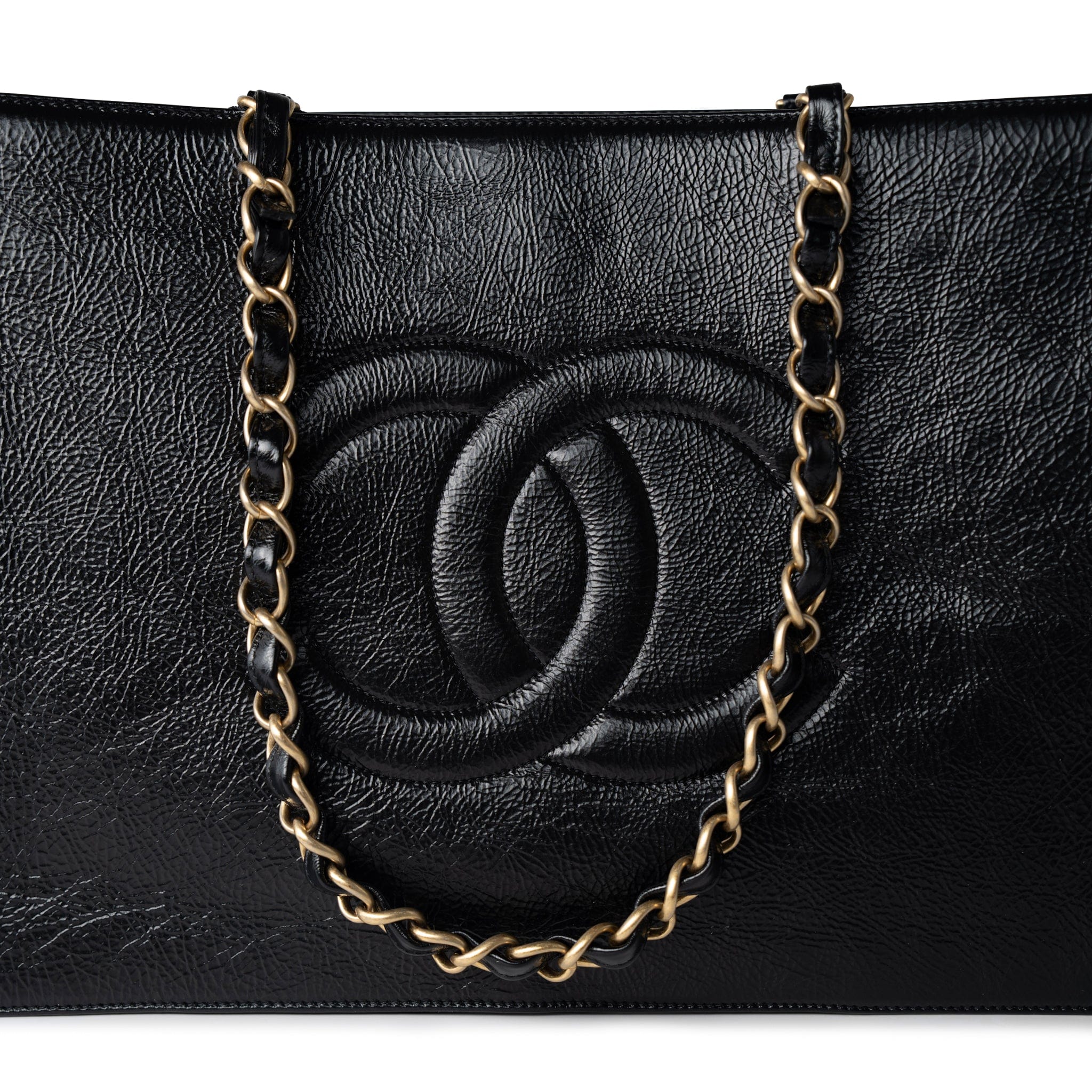 CHANEL Tote 20A Large Black Leather Shopping Tote Antique Gold Hardware - Redeluxe