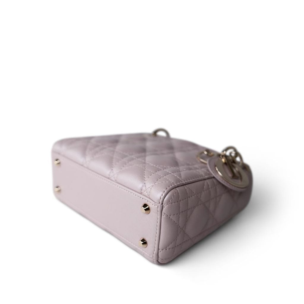 Christian Dior Handbag Lilac Mini Lady Dior Lotus Cannage Pale Lilac Pink Pearlescent Lambskin - Redeluxe