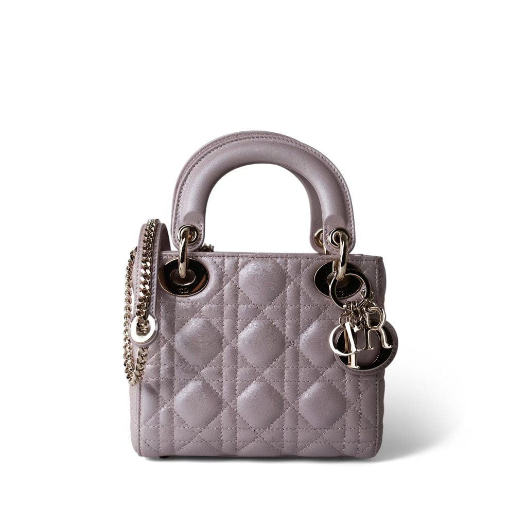 Christian Dior Handbag Lilac Mini Lady Dior Lotus Cannage Pale Lilac Pink Pearlescent Lambskin - Redeluxe