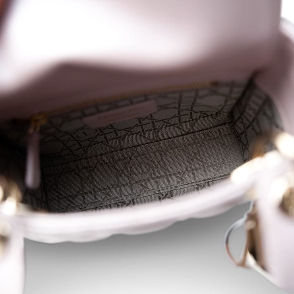 Christian Dior Handbag Lilac Mini Lady Dior Lotus Cannage Pale Lilac Pink Pearlescent Lambskin - Redeluxe