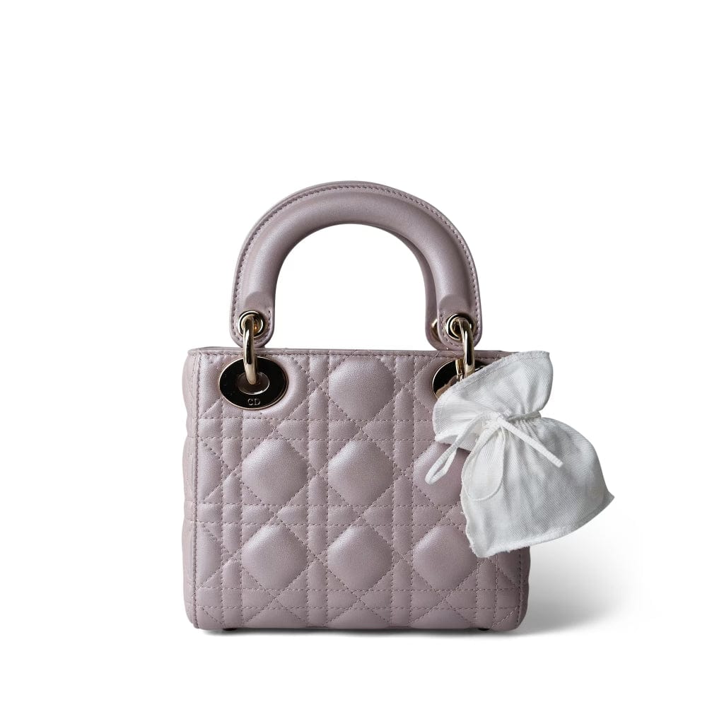 Christian Dior Handbag Lilac Mini Lady Dior Lotus Cannage Pale Lilac Pink Pearlescent Lambskin - Redeluxe