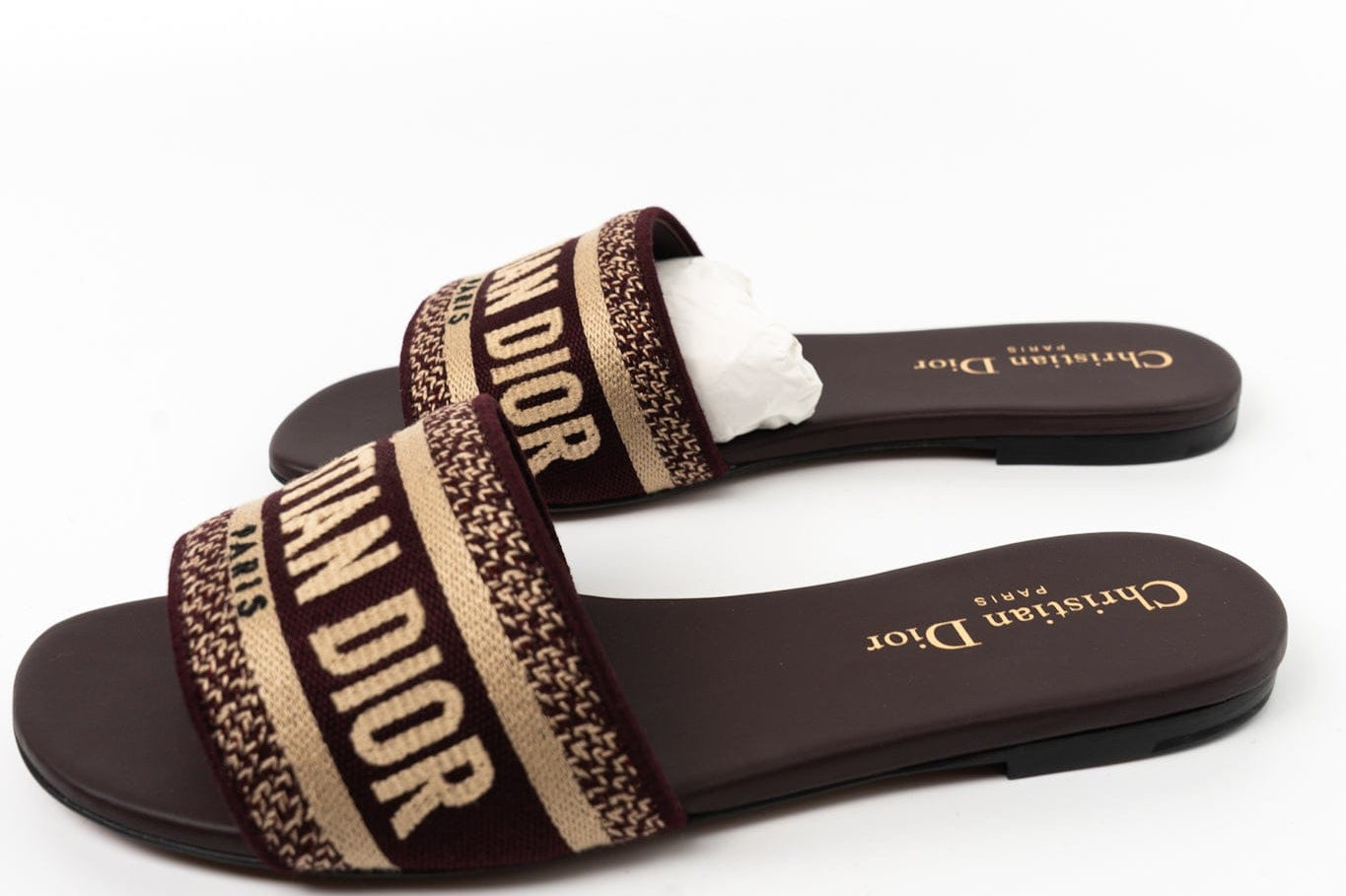 Christian Dior Sandals Brown CHRISTIAN DIOR Canvas Embroidered Dway Mules Slide Sandals 36 Deep Amaran - Redeluxe