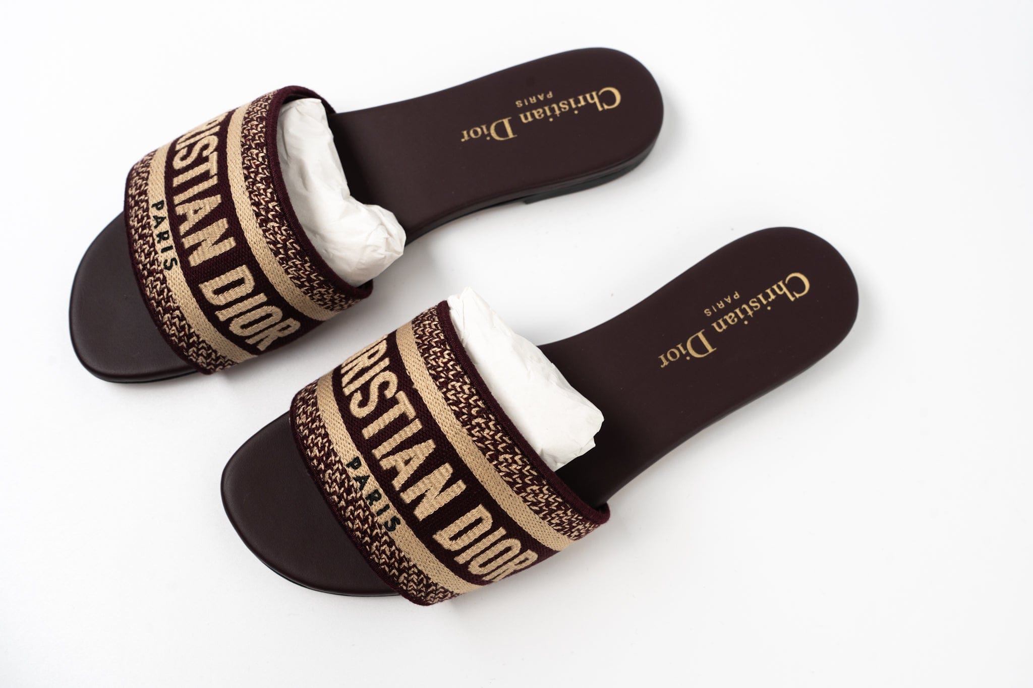 Christian Dior Sandals Brown CHRISTIAN DIOR Canvas Embroidered Dway Mules Slide Sandals 36 Deep Amaran - Redeluxe