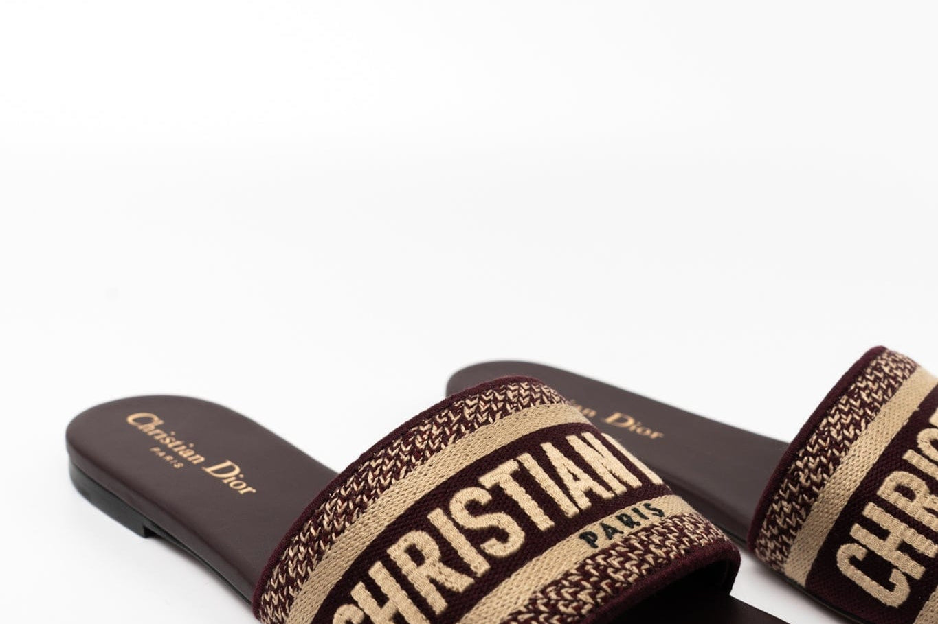 Christian Dior Sandals Brown CHRISTIAN DIOR Canvas Embroidered Dway Mules Slide Sandals 36 Deep Amaran - Redeluxe