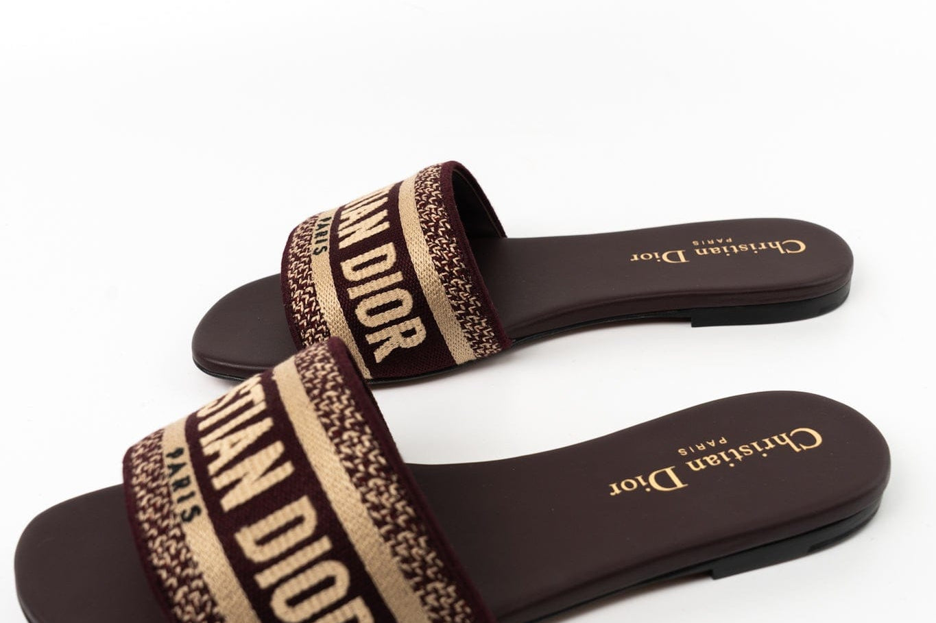 Christian Dior Sandals Brown CHRISTIAN DIOR Canvas Embroidered Dway Mules Slide Sandals 36 Deep Amaran - Redeluxe