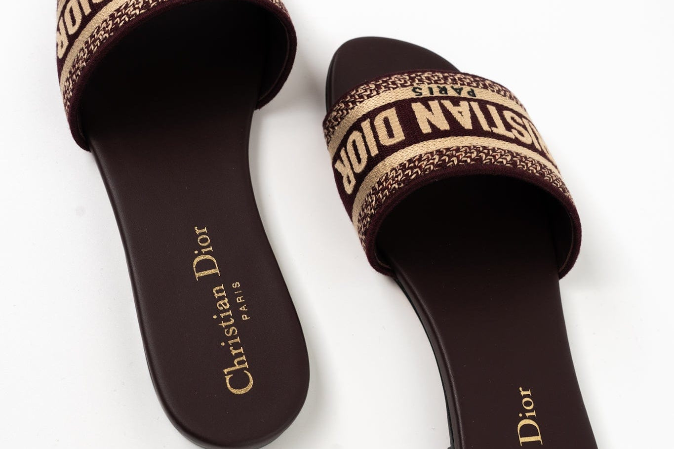 Christian Dior Sandals Brown CHRISTIAN DIOR Canvas Embroidered Dway Mules Slide Sandals 36 Deep Amaran - Redeluxe