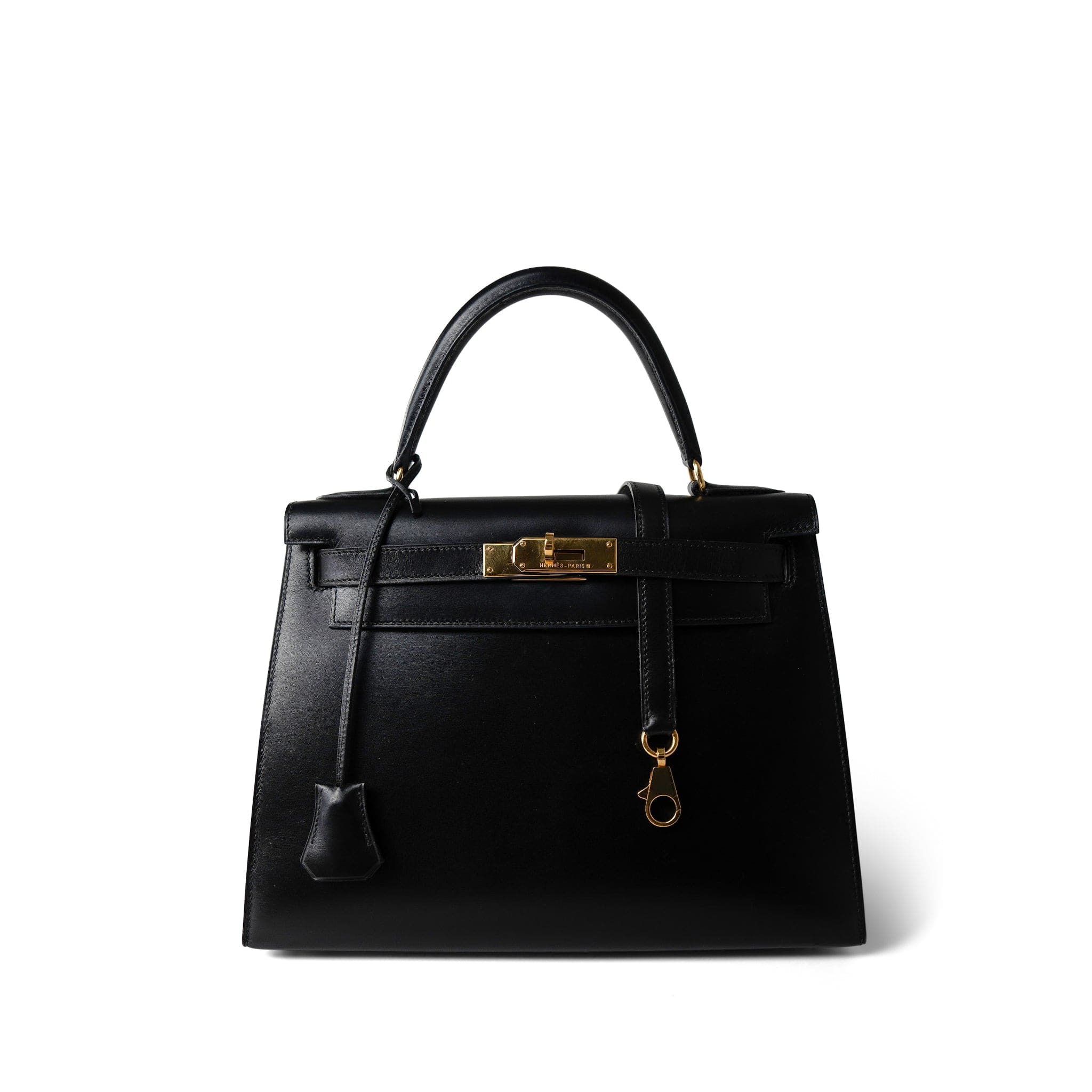 Hermes Handbag Black Kelly Sellier 28 Black Box Calfskin Gold Plated Y Circle Stamp - Redeluxe