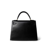 Hermes Handbag Black Kelly Sellier 28 Black Box Calfskin Gold Plated Y Circle Stamp - Redeluxe
