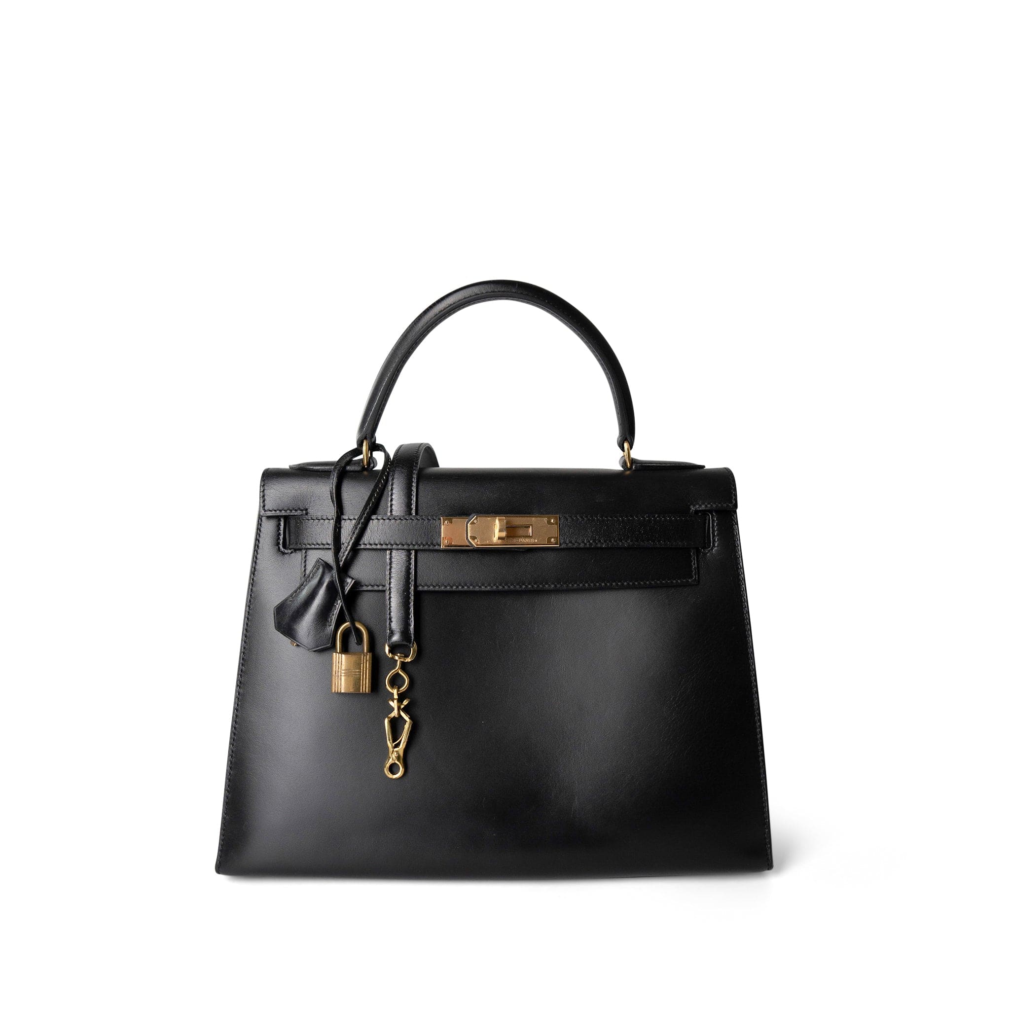 Vintage Kelly Sellier 28 Black Box Calfskin Gold Plated R Circle
