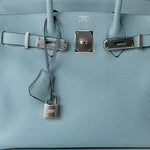 Hermes Handbag Blue Birkin 30 Blue Ciel Clemence Palladium Plated M Square Stamp - Redeluxe