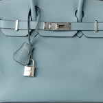 Hermes Handbag Blue Birkin 30 Blue Ciel Clemence Palladium Plated M Square Stamp - Redeluxe