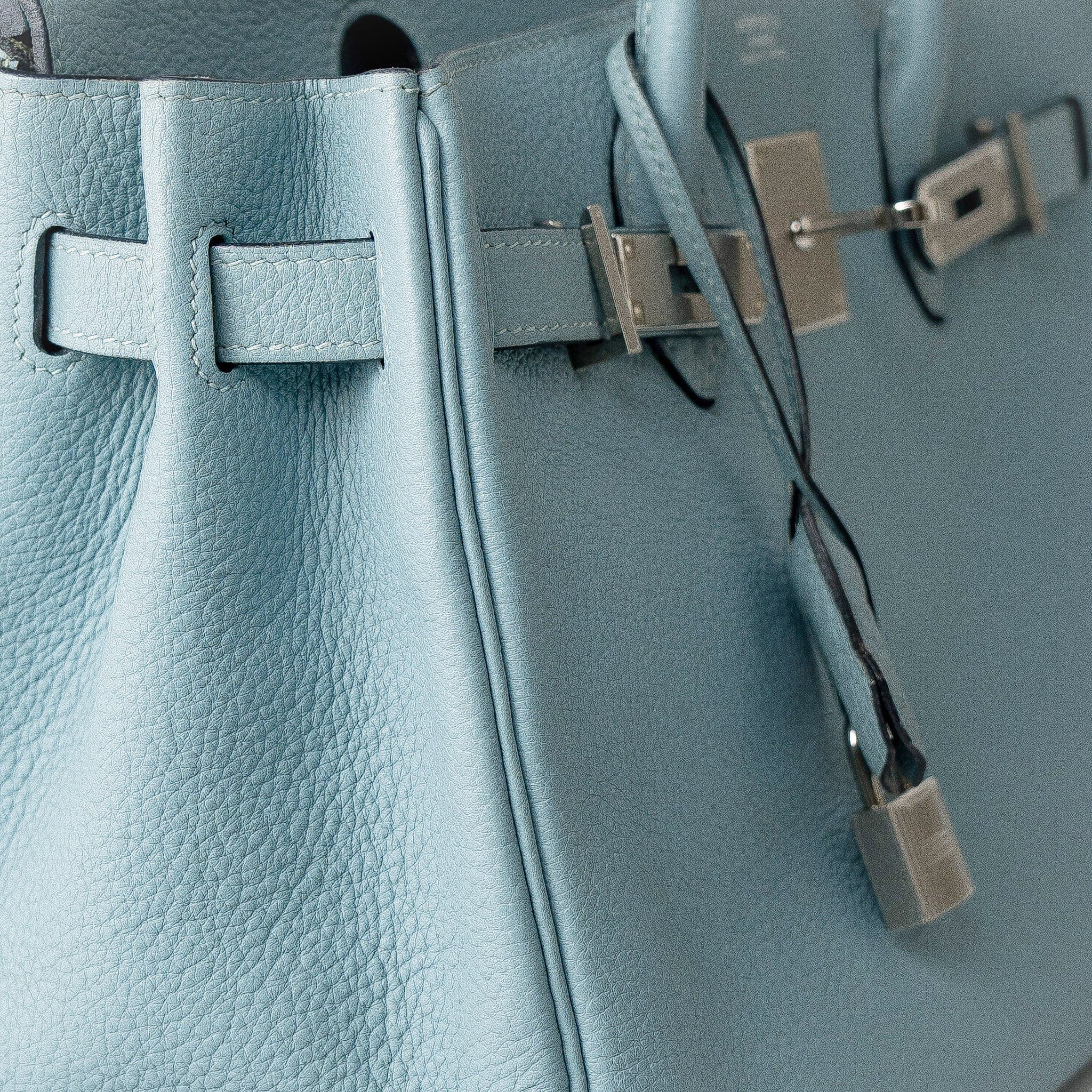 Hermes Handbag Blue Birkin 30 Blue Ciel Clemence Palladium Plated M Square Stamp - Redeluxe